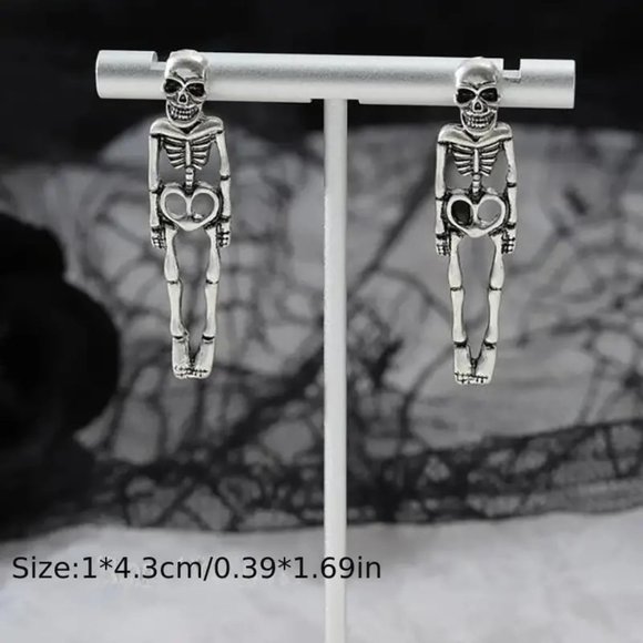 Skeleton Earrings Dangle Skull Silver Halloween Goth Rave Scene Emo Costume Fun - Picture 3 of 3